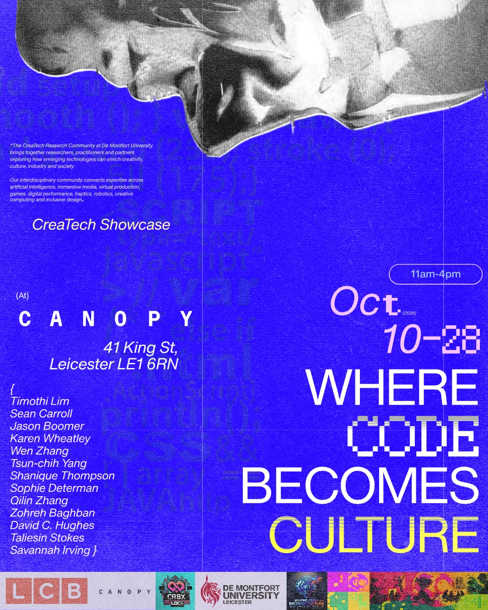 CreaTech Showcase event poster: monochrome sculpture above a vivid blue field, with Where Code Becomes Culture in white and pale yellow lettering.