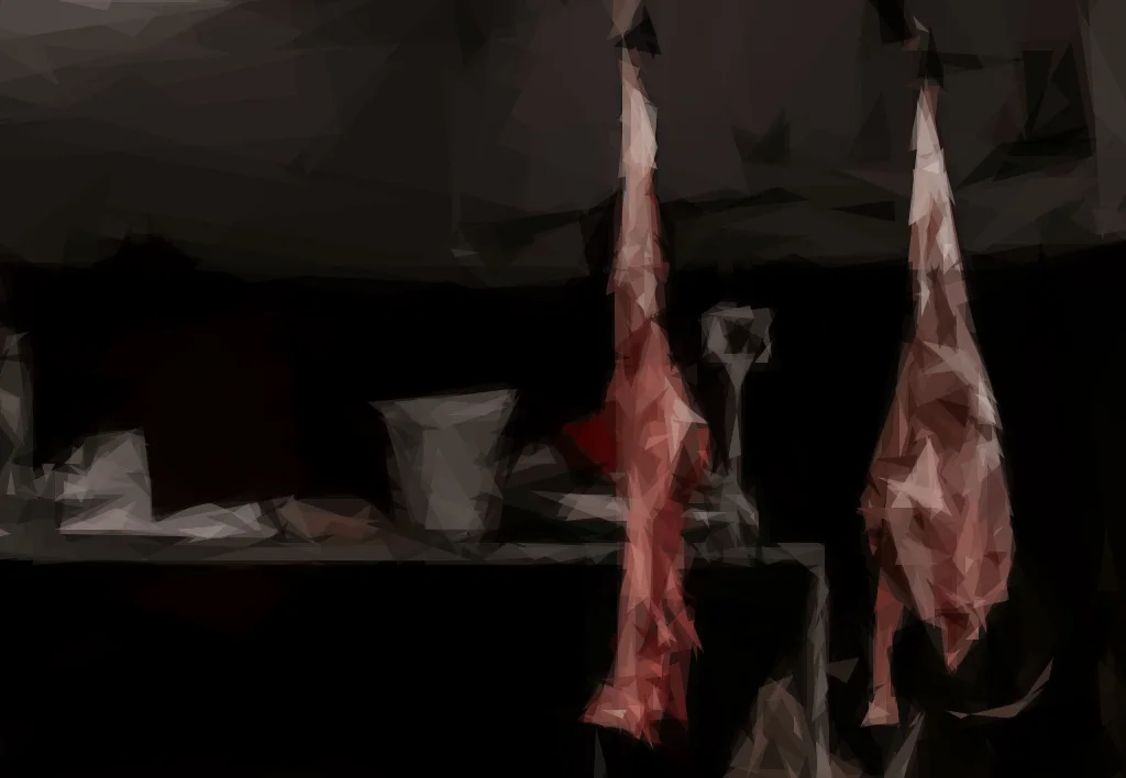 This image is drawn with tiny triangles. There is a black background and two pinkish shape appear on the right side of image, tiny tall shapes.