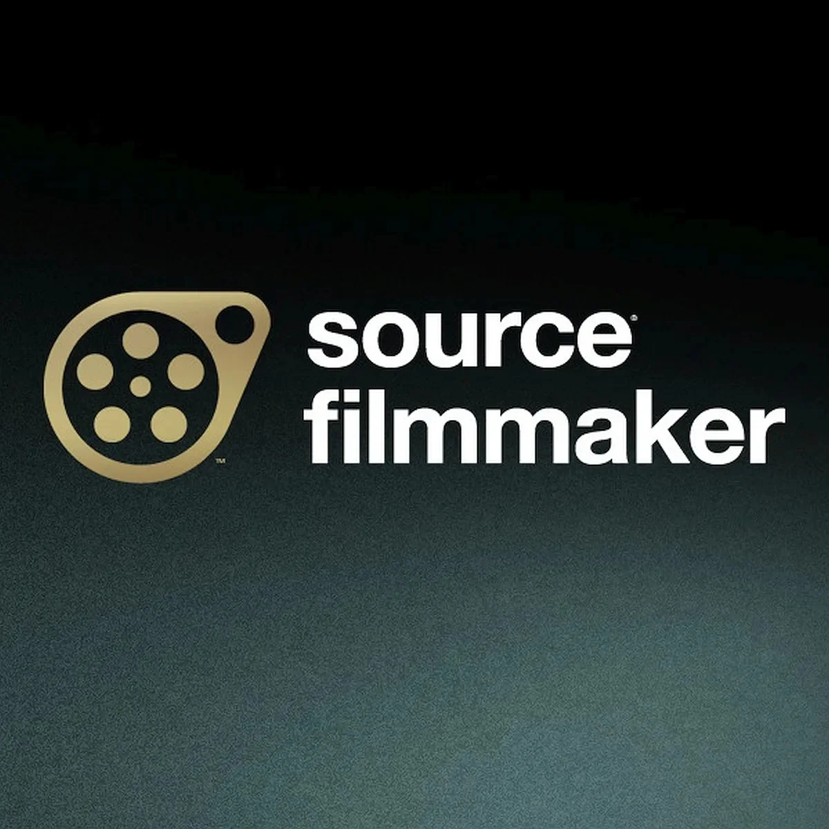 A golden celluloid film reel on a black background, with "Source Filmmaker" in white text beside it.