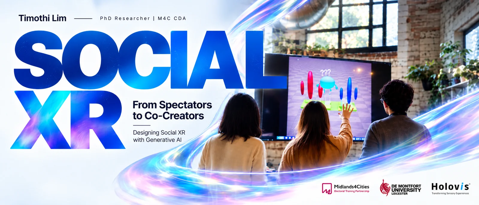 Large blue gradient text reading “SOCIAL XR” fills the left side, alongside “From Spectators to Co-Creators” and “Designing Social XR with Generative AI.” On the right, three participants face a large interactive screen in a bright studio, with one person