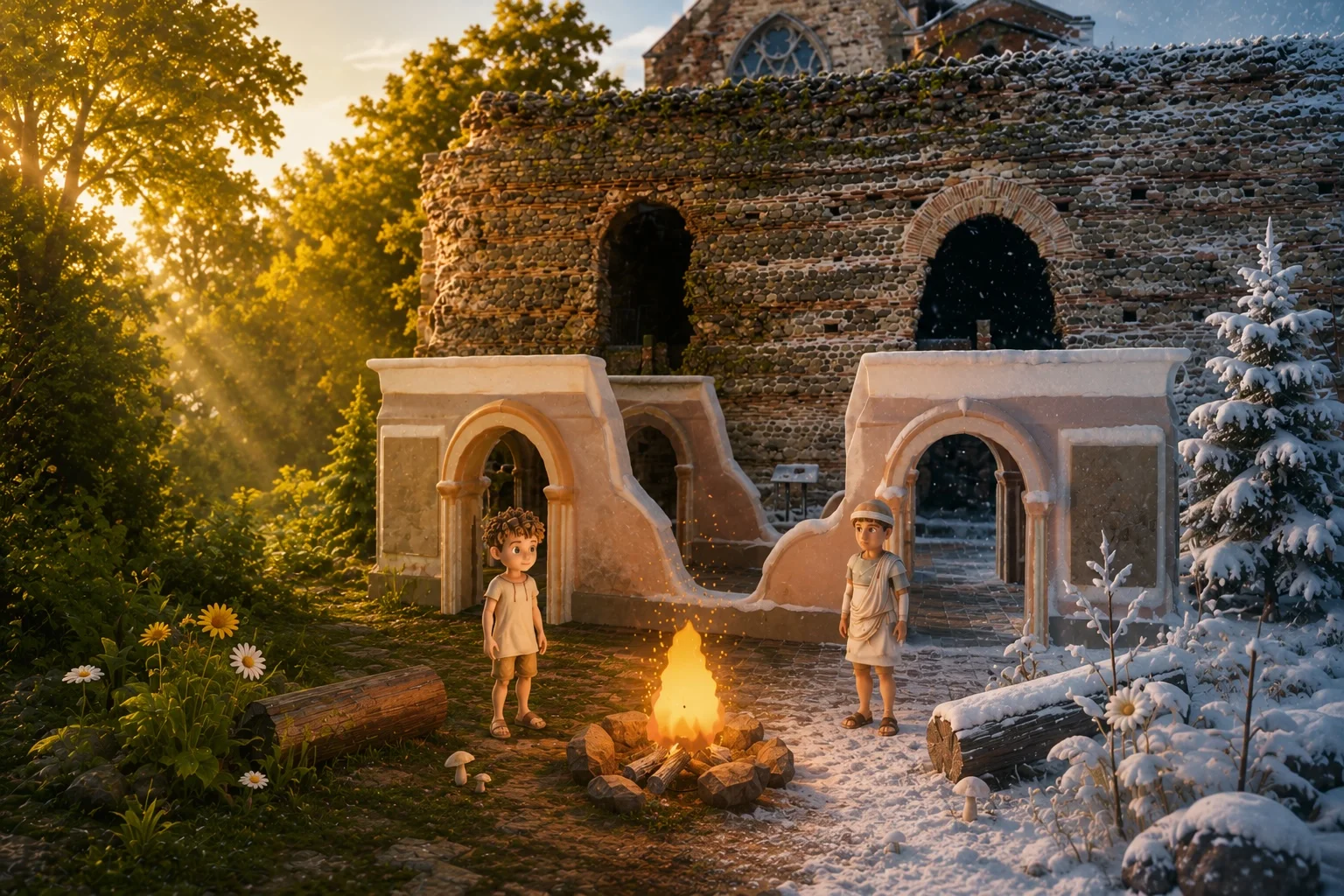 A reconstructed Roman bath scene inspired by Leicester’s Jewry Wall, transitioning from a warm summer landscape on the left to a snowy winter landscape on the right. Two Roman boys stand in front of a campfire, with reconstructed Roman architecture in the background.