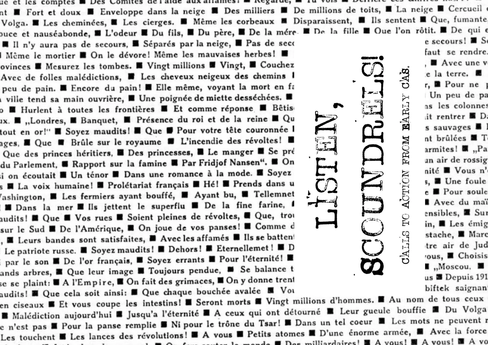 Black-and-white typographic collage featuring French poetry in the background. A white rectangular panel in the centre displays the title ‘LISTEN, SCOUNDRELS’ in distressed black lettering, alongside ‘CALLS TO ACTION FROM EARLY CAS’.